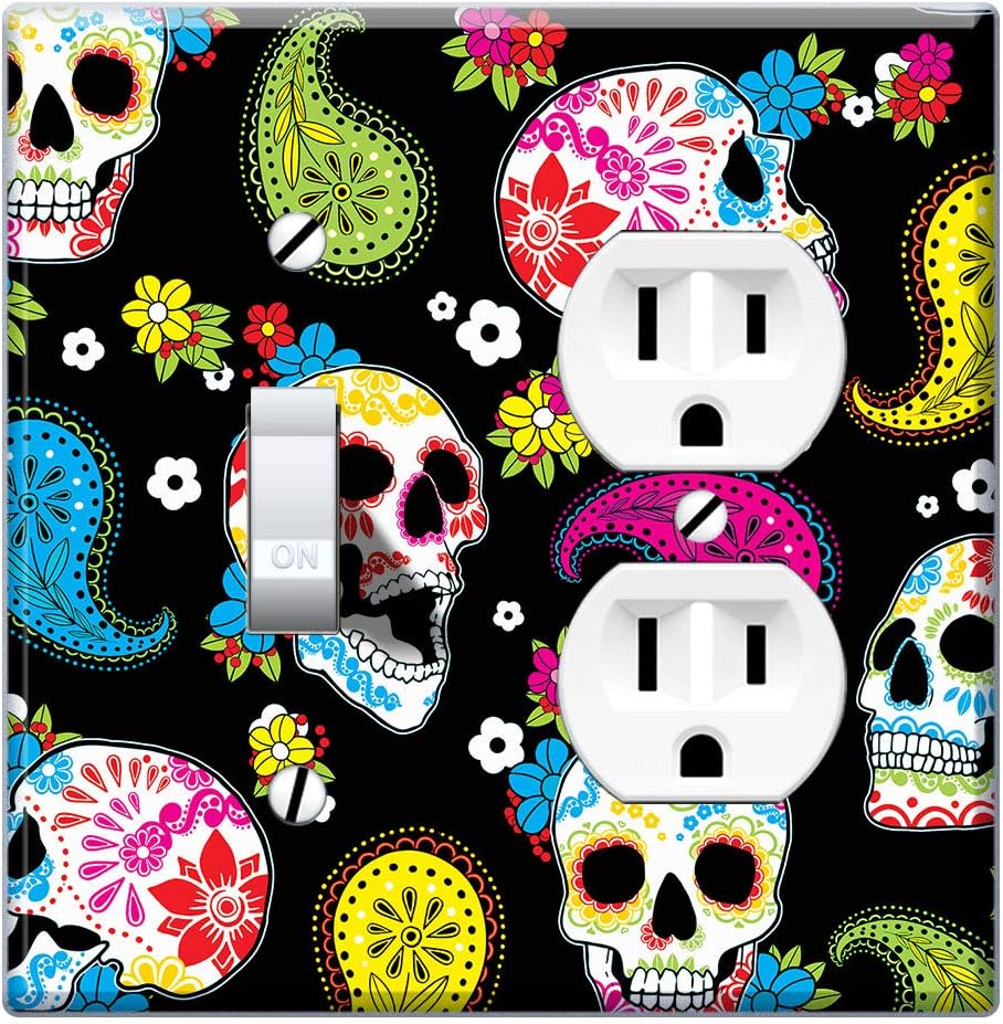 WIRESTER Double Gang-1 Duplex Outlet Cover and 1 Toggle Light Switch Plate/Wall Plate Cover - Colorful Sugar Skulls