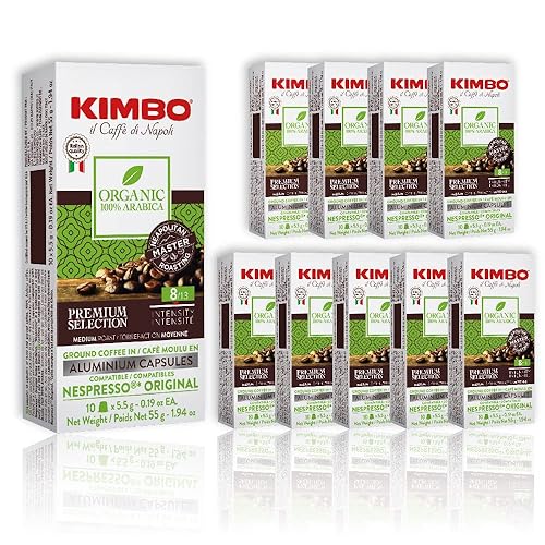 Kimbo 100 cápsulas orgánicas expreso en aluminio, tostado italiano suave y rico para máquinas Nespresso