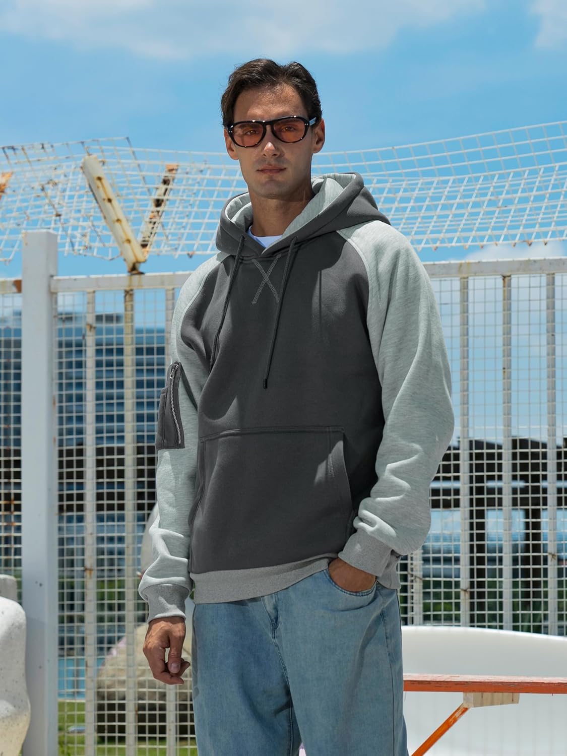 Mens Hoodies Pullover Color Block Long Sleeve Fleece Hooded Sweatshirt - Image 3