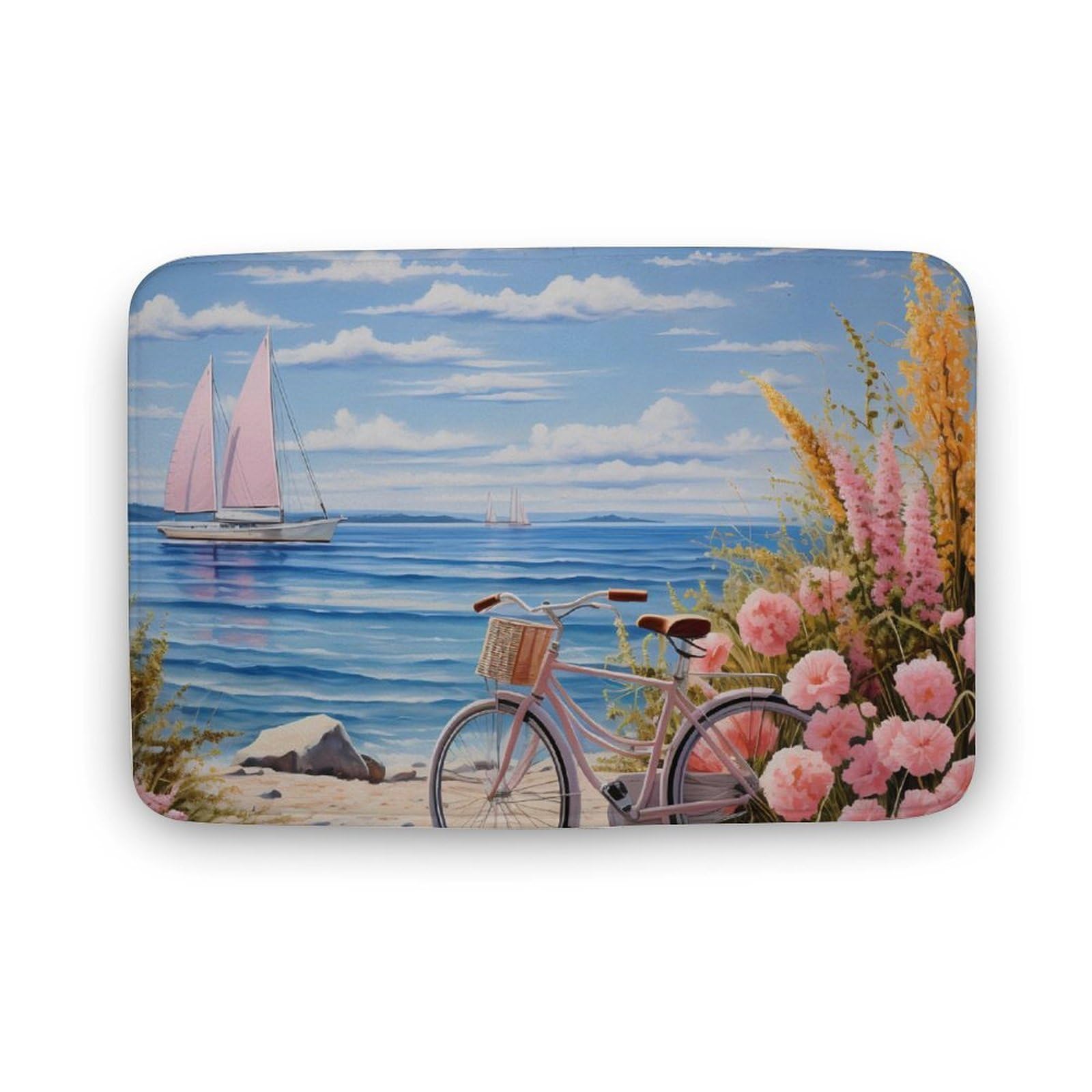 Bikees Seaside Bicycls and Flower Coral Velvet Rugs Non-Slip Bathroom Rugs Soft Kitchen Rug Floor Carpet for Home Decor 15.7