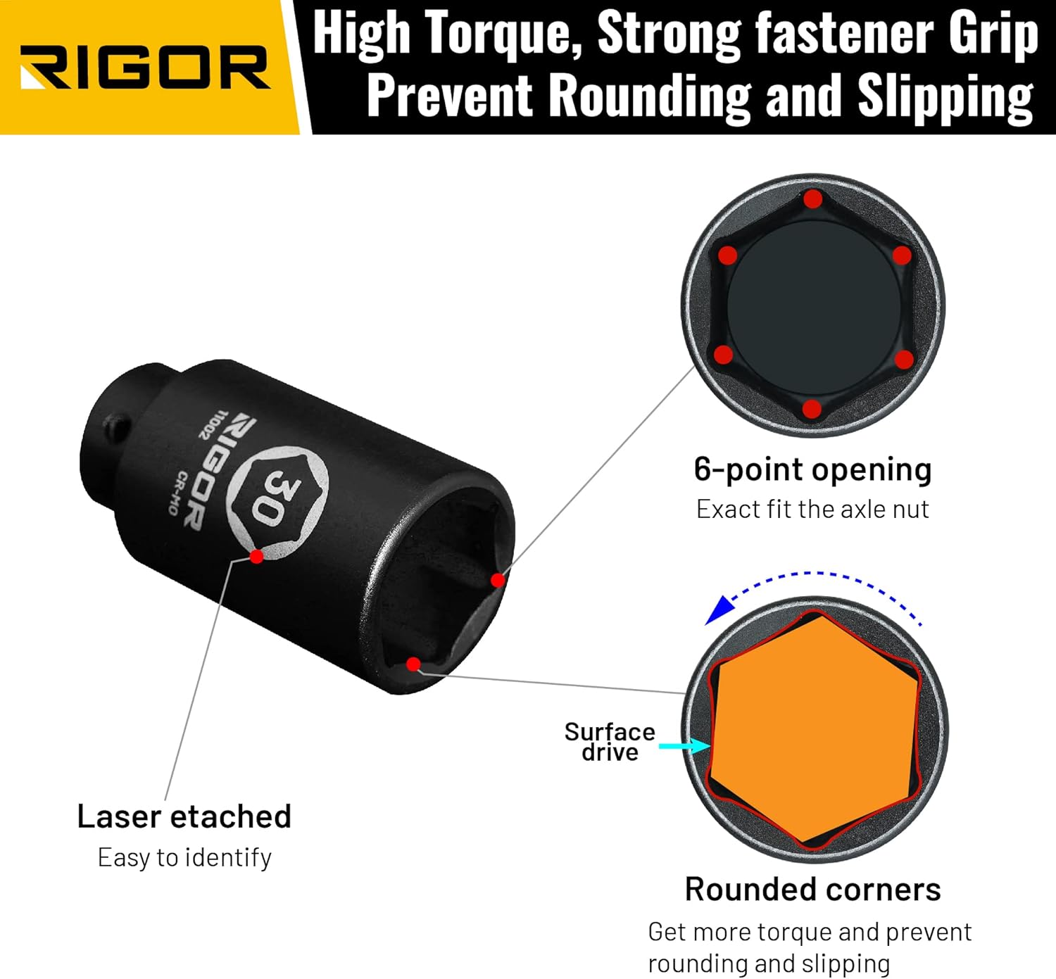 RIGOR 11002 30mm Axle Nut Impact Socket, 1/2-Inch Drive, bundled with the RIGOR 11386 5-Piece Wheel Lug Nut Flip Impact Socket Set.