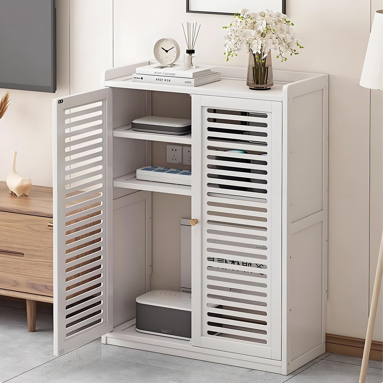 Générique Meuble de Rangement pour routeur WiFi en Bambou, étagères réglables, Organisateur multimédia autoportant pour Salon et Chambre, boîtier dissimulé Moderne (Blanc, 82 cm)
