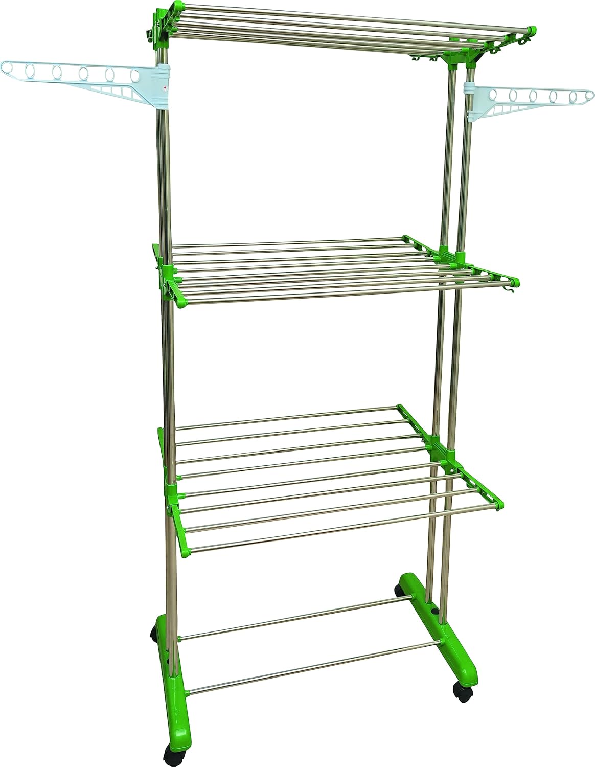 Mega stand Portable Premium Clothes Stand for Drying with Wheels | 3-Layer Rack for Balcony | Foldable Wings | 24 Hanger Rods | Anti-Rust Steel Metal | Green offers donot miss