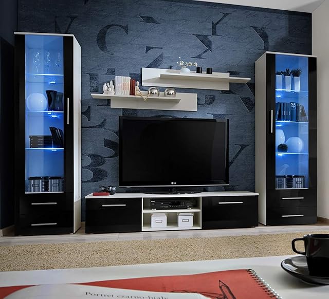 MAS Galino C Wall Unit Living Room Set 320cm Wide High Gloss TV Stand Two Shelves Two Display Cabinets Glass Doors LED Lights