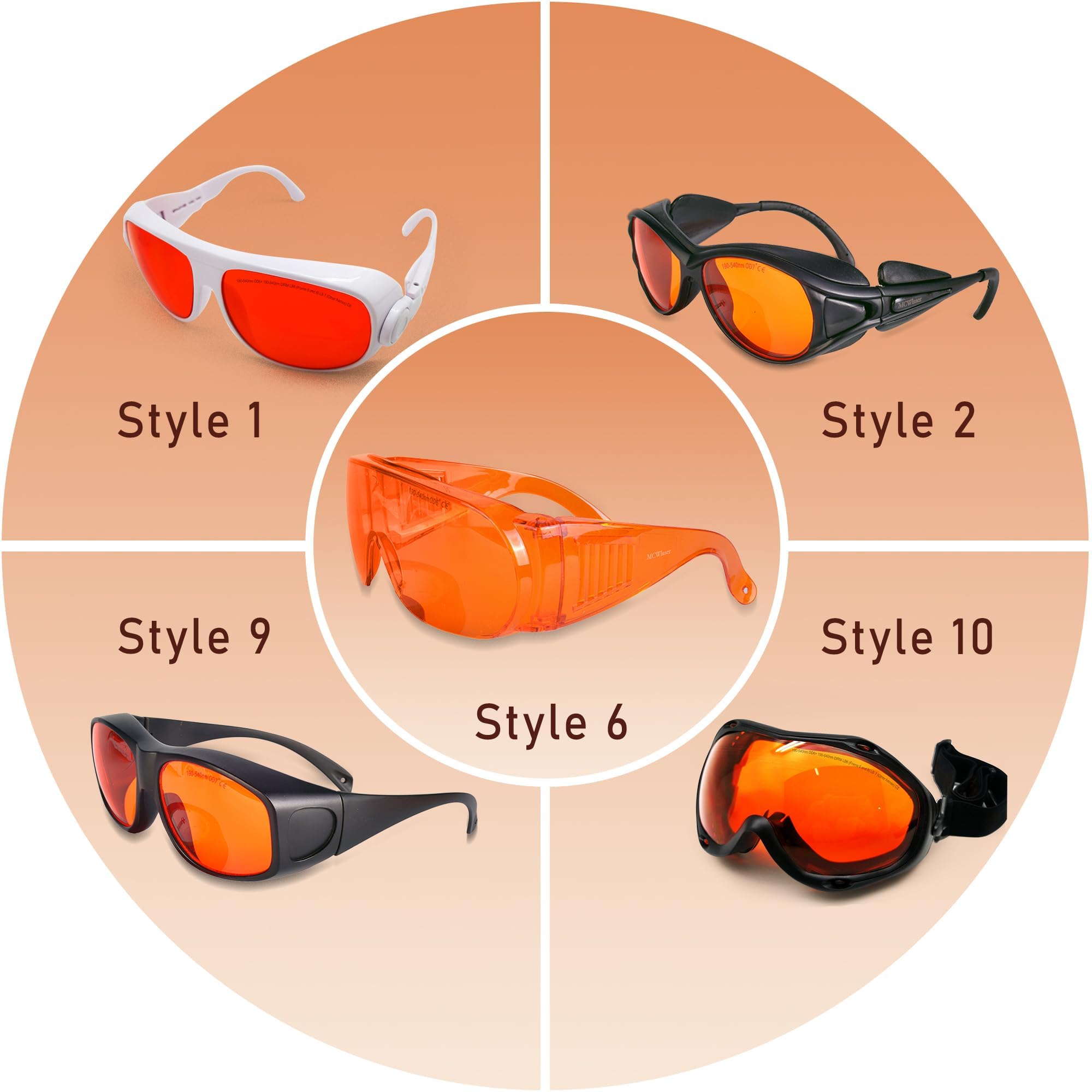 MCWlaser 190-540nm Laser Safety Goggle Glasses OD7+ For UV light Violet Blue Green Laser 405nm 445nm 450nm 473nm 532nm Style 6