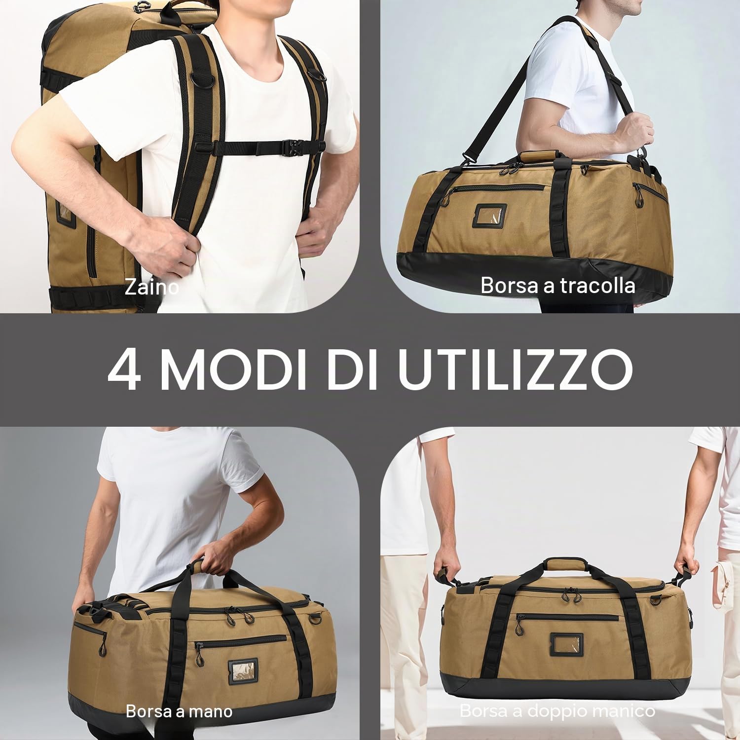 TUGUAN Borsone da Viaggio Grande XL 100L Borsa Sportiva per Uomo Donna con Funzione Zaino XXL Borsa per Bagagli Leggera e Impermeabile per Weekend Campeggio, Marrone