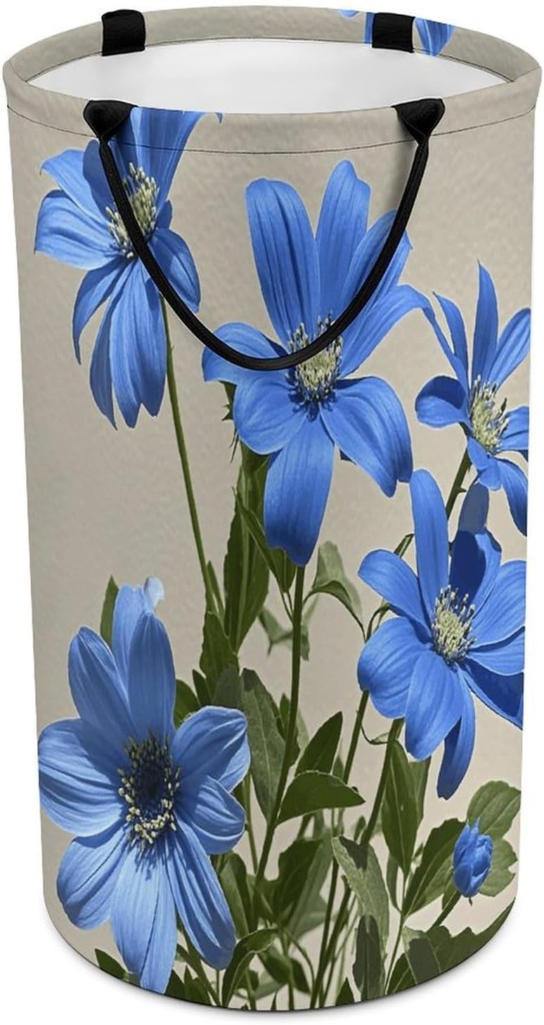 Cyan Blue Flowers Laundry Hamper Large Collapsible Laundry Basket with Handles Waterproof Clothes Hamper Portable Dirty Clothes Basket for Bedroom Laundry Room Closet Bathroom