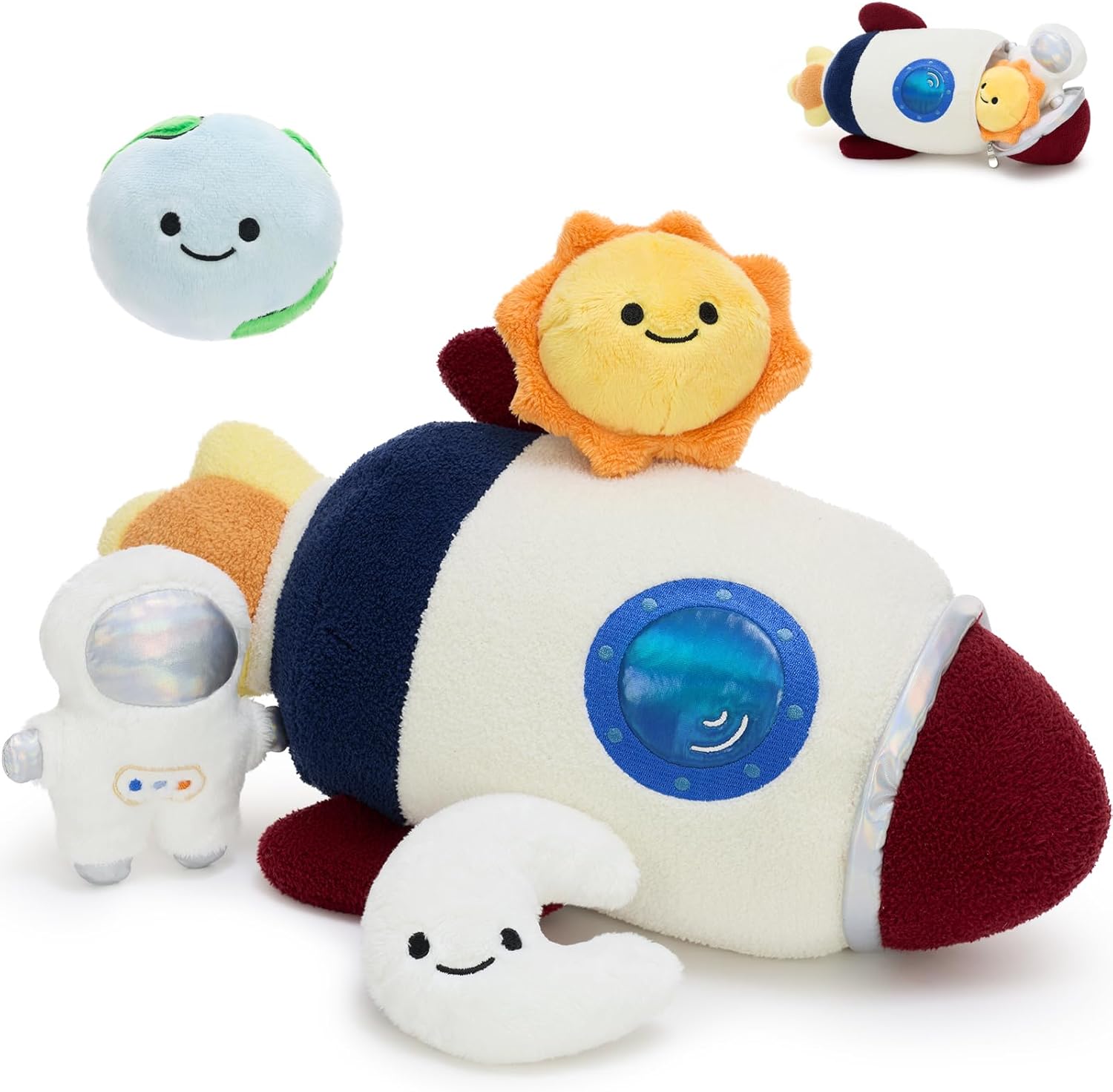 Muiteiur 5 in 1 Space Plush Set - Rocket Plush with Astronaut, Sun, Earth & Moon, Soft Solar System Stuffed Animal, Educational Space Toy for Adults & Kids, Space Themed Room Decor & Gift