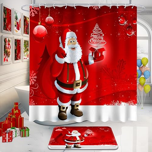 Miniatura 2 de Juego de 4 piezas de baño rojo con cortina de ducha y alfombras, juego de cortina de ducha geométrica con alfombras antideslizantes, cubierta para