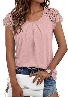 AUTOMET Womens Lace Tops Pleated Short Sleeve Shirts Summer Business Casual Dressy Blouses