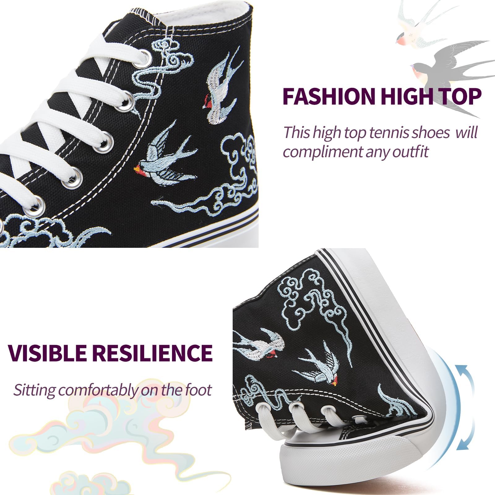 kufeiti Women's High Top Canvas Sneakers Canvas Shoes Lace up White Black Sneakers Casual Walking Shoes