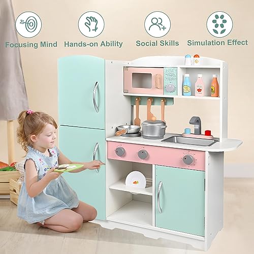 Miniatura 2 de Juego de cocina de juguete de cocina de madera con estufa, horno, fregadero, refrigerador y 11 piezas de accesorios de cocina, juegos de cocina para
