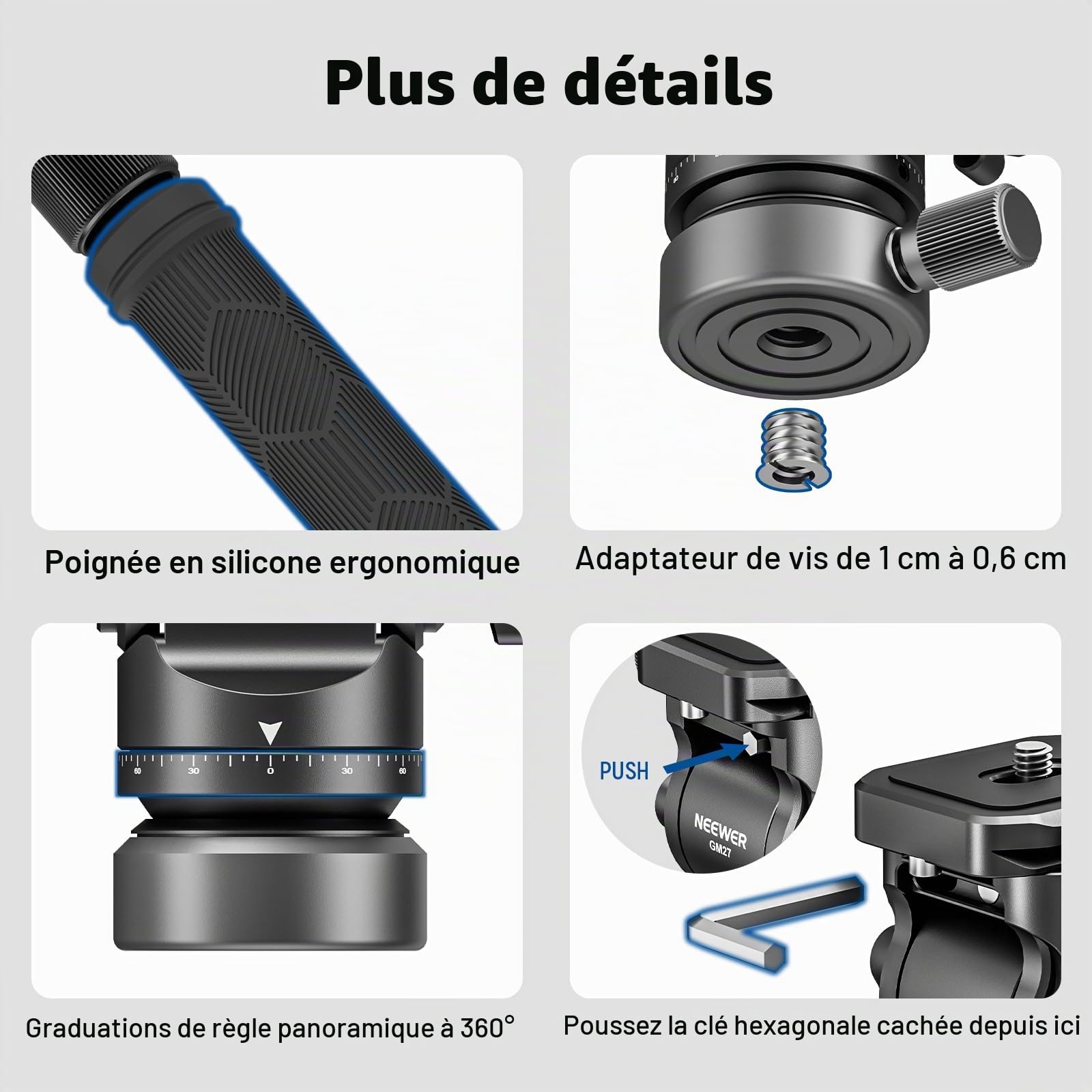 NEEWER GM27 Tête Fluide pour Trépied Vidéo avec Base de Nivellement +/-10° 37 mm, Plaque à Dégagement Rapide Type Arca, Poignée Télescopique