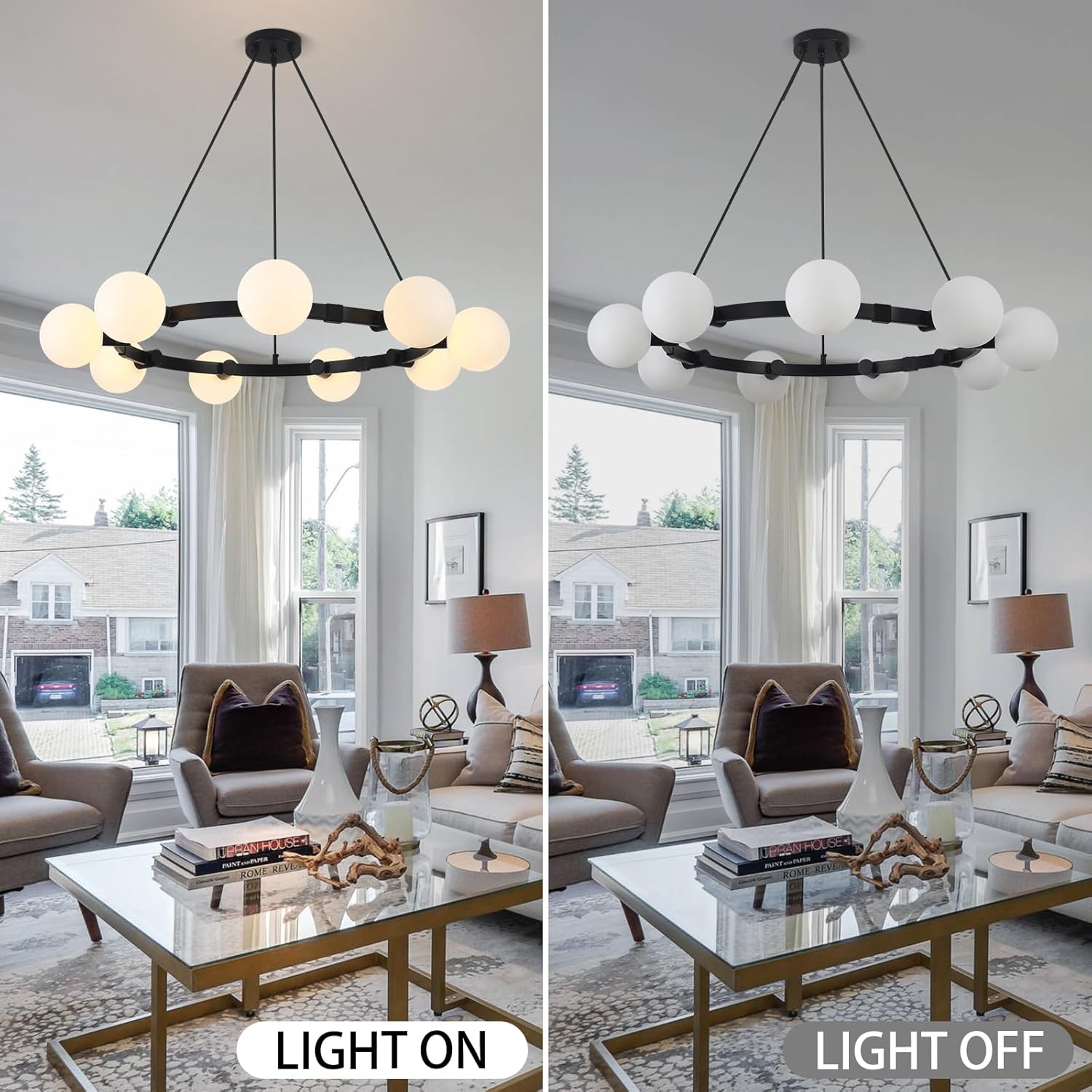 9-Light Modern Chandelier for Dining Room, Sputnik Ceiling Light Fixture with White Globe Bubble, Large Black Wagon Wheel Chandelier for High Ceiling Living Room Kitchen Island Farmhouse