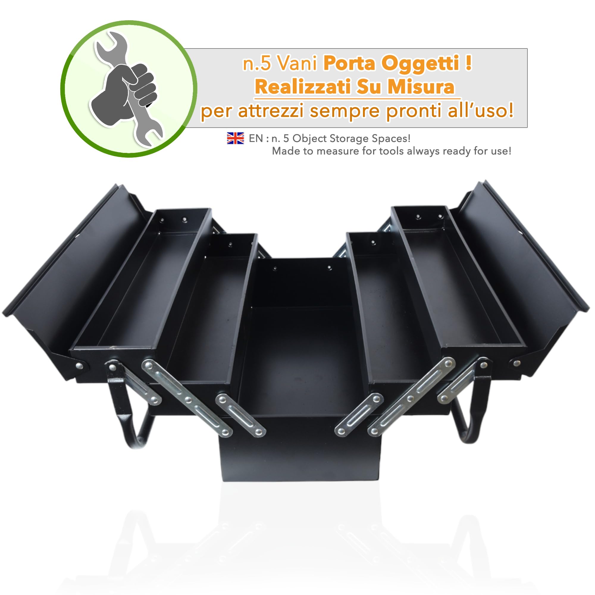 CASSETTA ATTREZZI PORTA UTENSILI METALLO VALIGETTA LAVORO 5 SCOMPARTI ACCIAIO NERO OPACO PROFESSIONALE 470 X 300 X 200 MM X