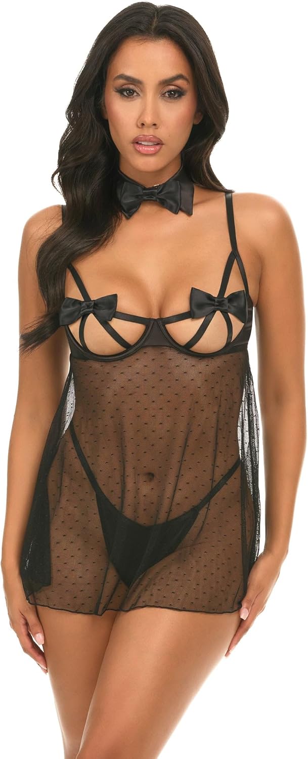 Oh là là Chéri Women's Kimia Unlined Underwire Satin and Dot Mesh Open Cup Babydoll with Bow Detail 72-12034