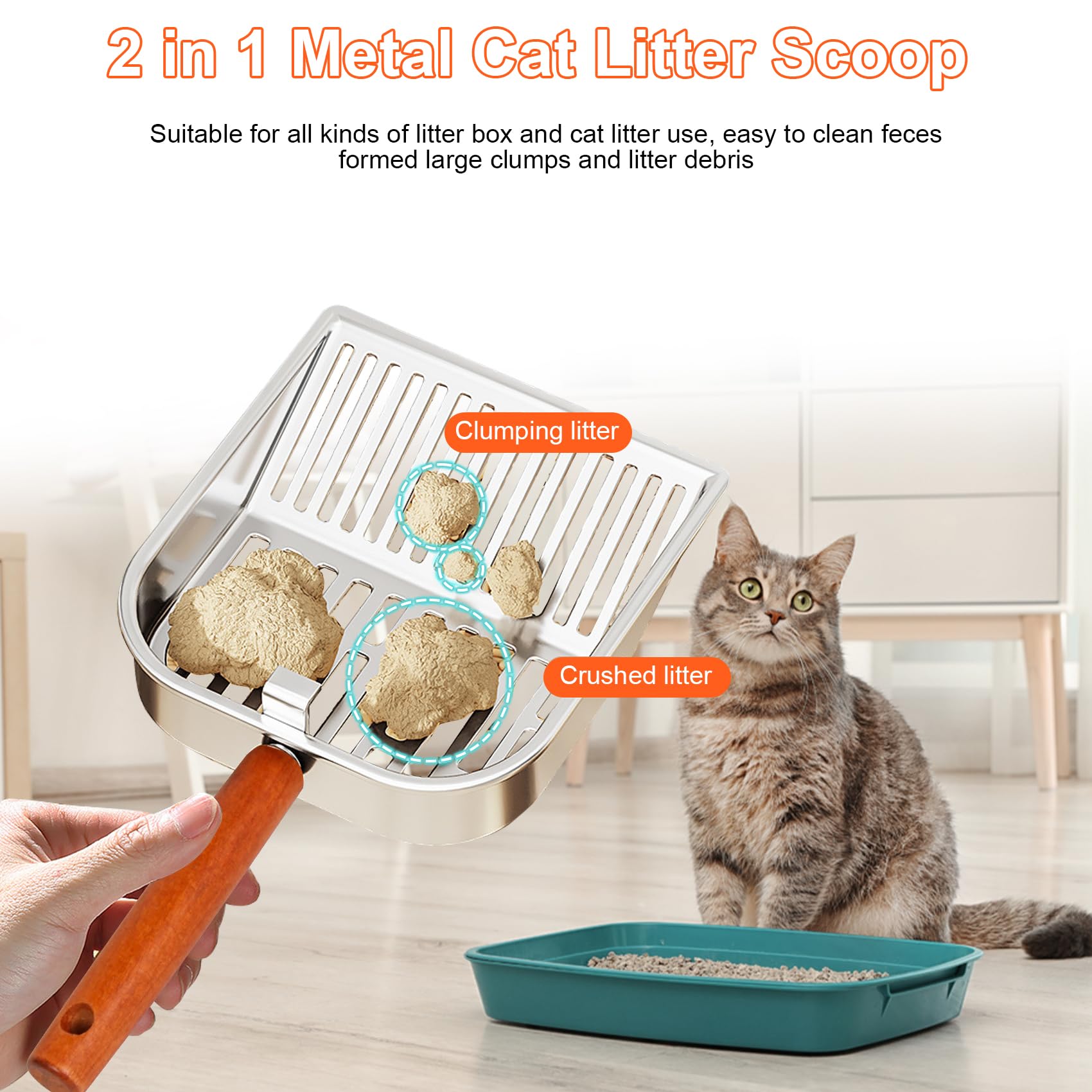 Stainless Steel Cat Litter Scoop with Holder, Kitty Poop Scooper Stand for Litter Box, Fast Sifting Non-Stick Cat Poop Scooper with Coarse and Fine Grids for All Litter Pan, Green - image 4