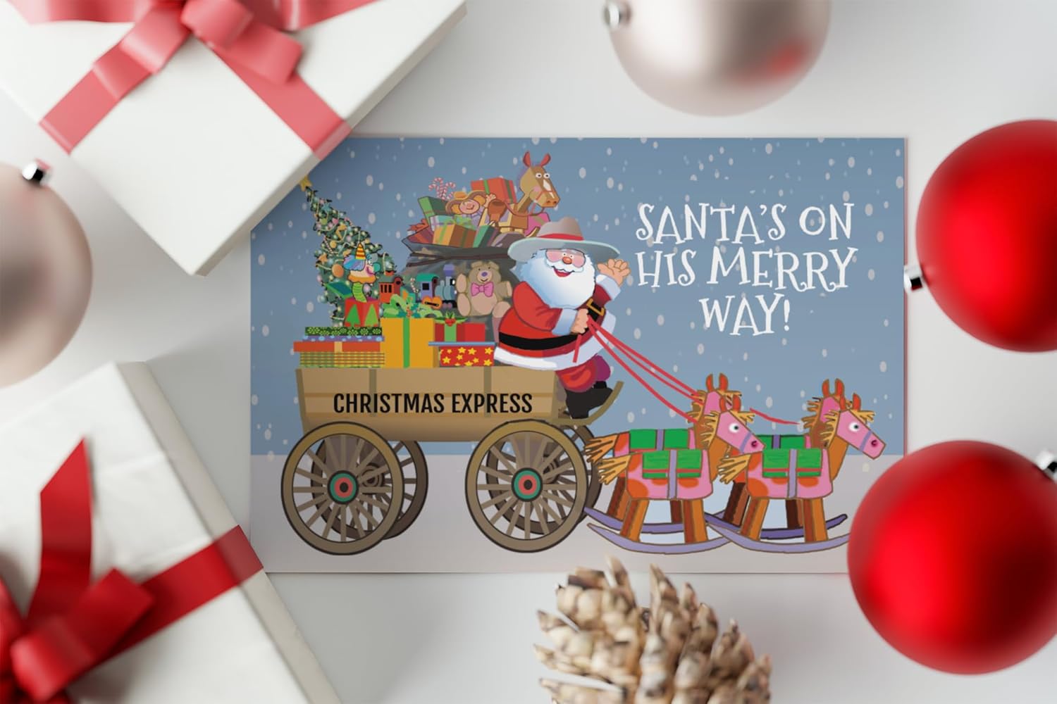 Stonehouse Collection Custom Christmas Greeting Cards with Santa Stagecoach Design, 5 x 7 inches, 24 Personalized Pack (Personalized)
