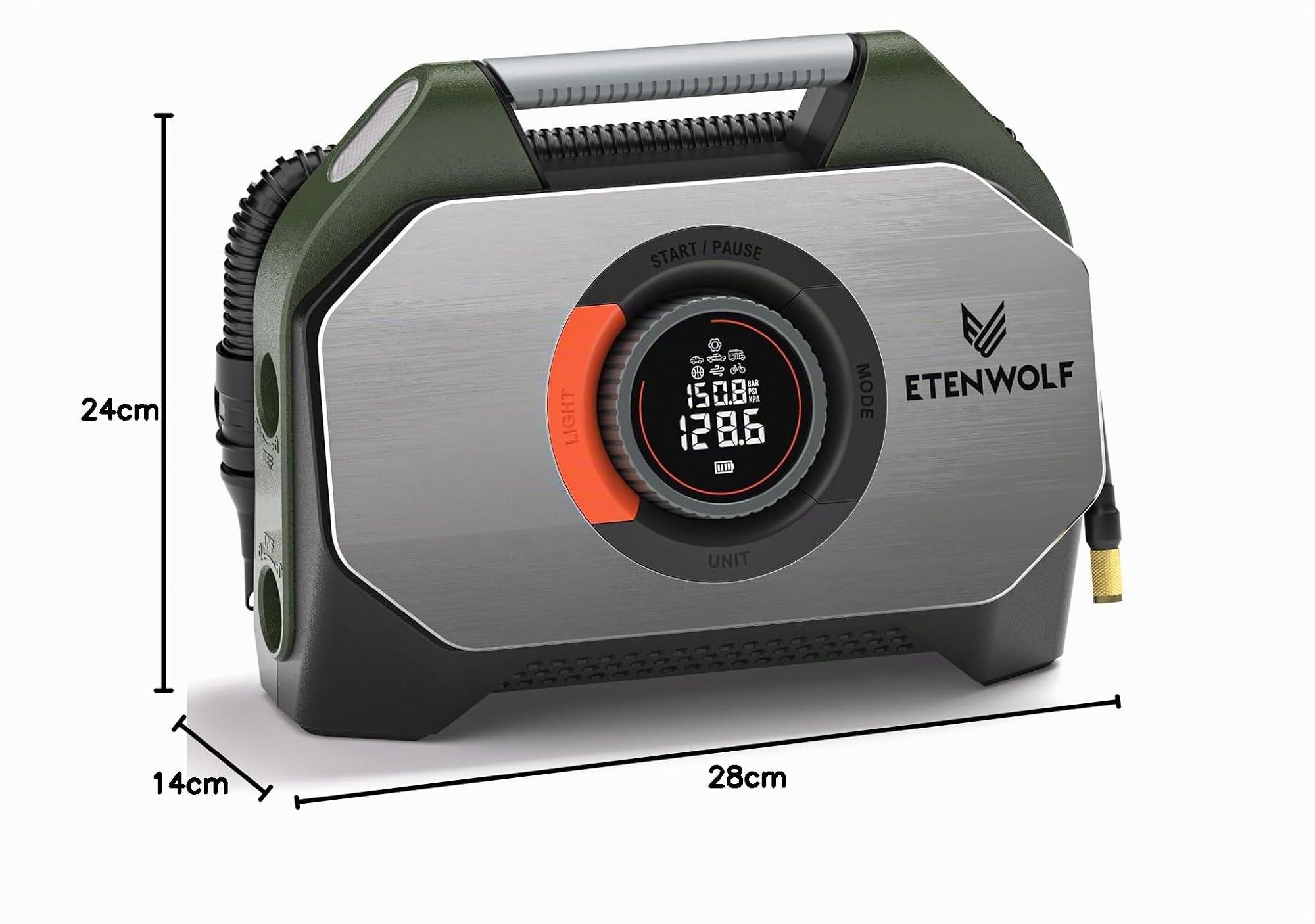 ETENWOLF Vortex S7 Inflador de neumáticos para vehículos pesados, bomba de aire portátil para neumáticos de coche con batería de 11,03 bar y batería de 38400 mAh, bomba de aire inalámbrica con ciclo