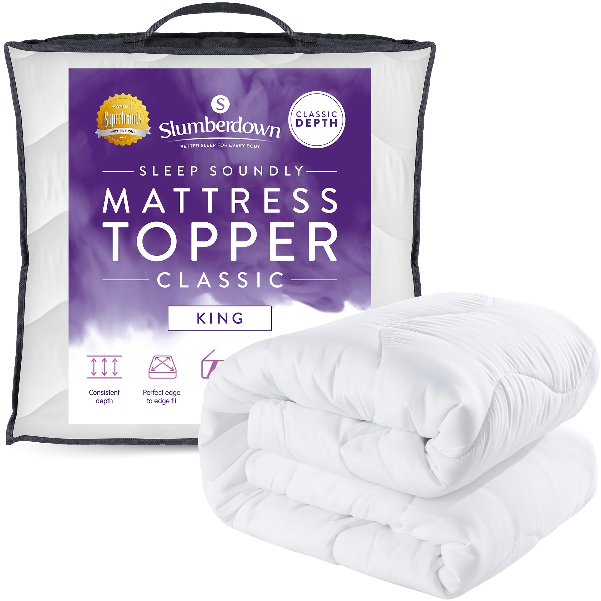 Slumberdown White Sleep Soundly Mattress Topper King Bed - Soft & Comfy King Mattress Topper, Ideal For Beds, Guest Beds, Campervans & Caravans - Easy Fit Straps, Hypoallergenic, Washable (150 X 200Cm) 200Cm