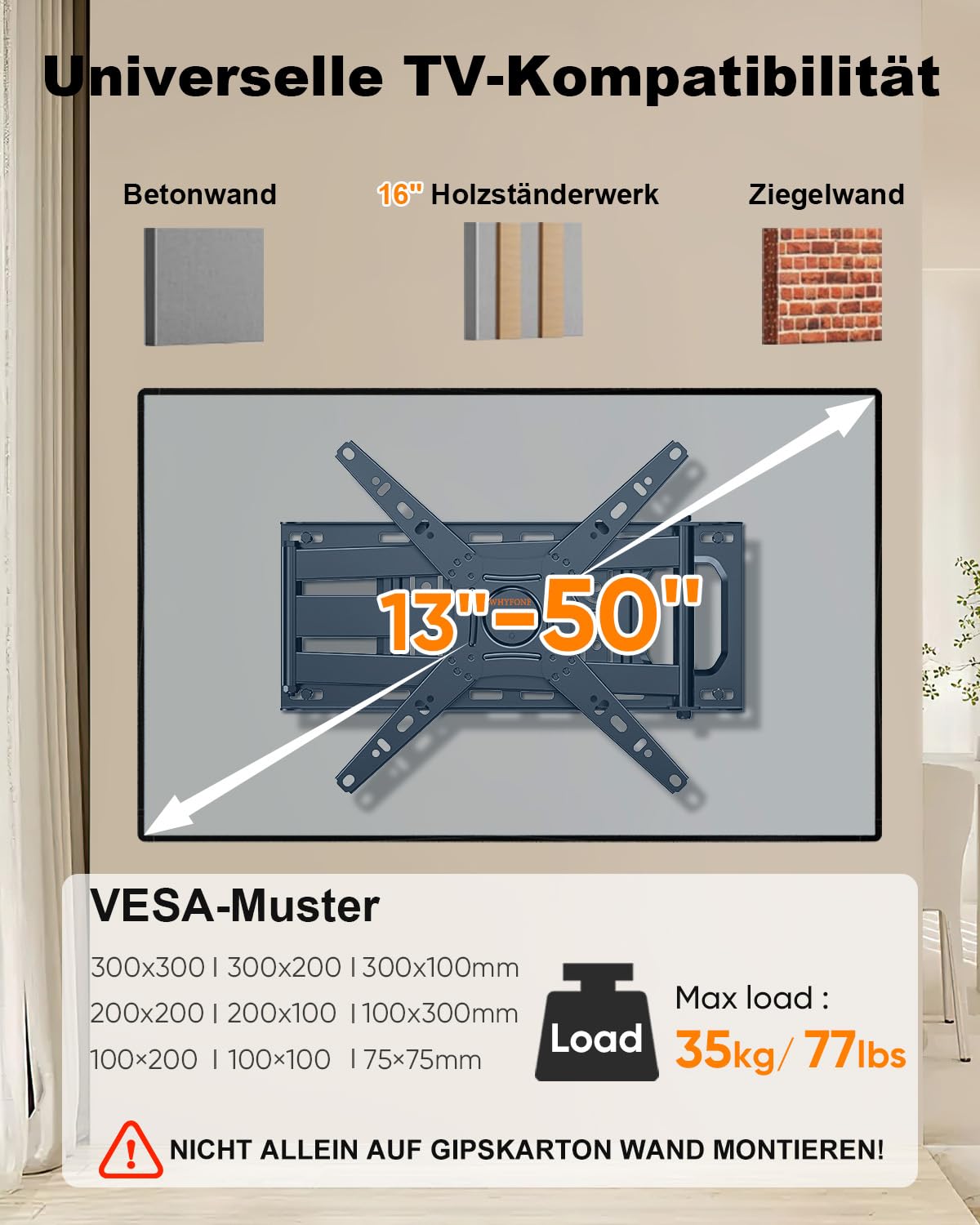TV Wandhalterung mit 655mm Langem Arm für 13-50 Zoll Fernseher oder Monitor, 180° Drehung Fernsehhalterung Wand Schwenkbar Volle Bewegung Monitor Wand Halterung bis zu 35kg max. VESA 300x300mm