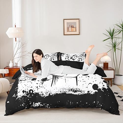 Miniatura 5 de Juego de cama con funda de edredón de música rock, temática musical, funda de edredón con estampado de notas musicales, tamaño Queen, juegos de ropa