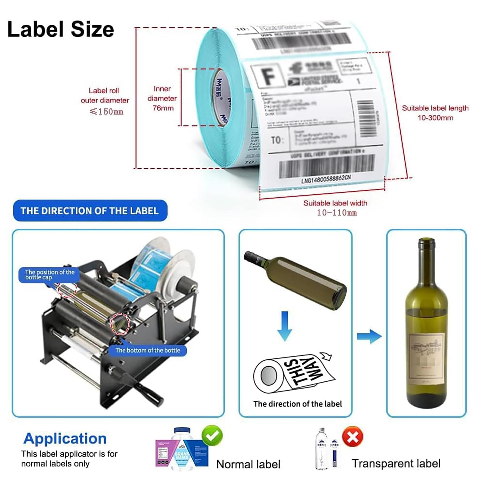 Etichettatrice semiautomatica per bottiglie, applicatore manuale di etichette con barra di pressatura, larghezza 10-110 mm e lunghezza 10-300 mm regolabile, 15-30 bottiglie/minuto, per lattine