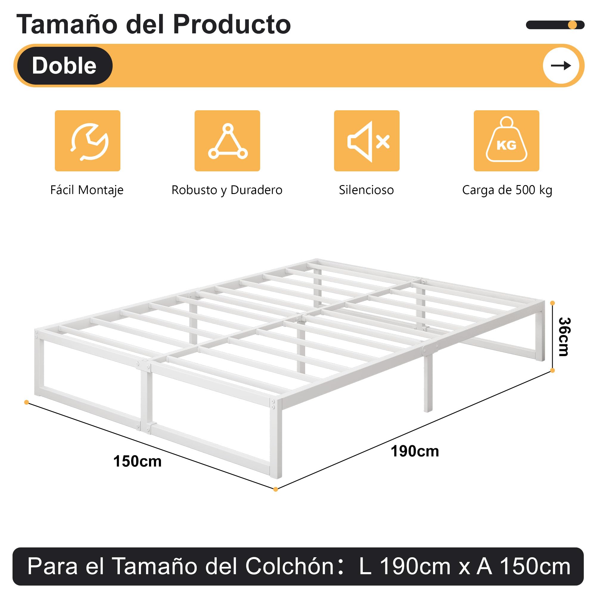 Yicensen Cama de Metal de 150 x 190 cm con Somier de Láminas de Metal, 36 cm de Altura, Marco de Camas Matrimoniales, Montaje Fácil, Estable, Blanco