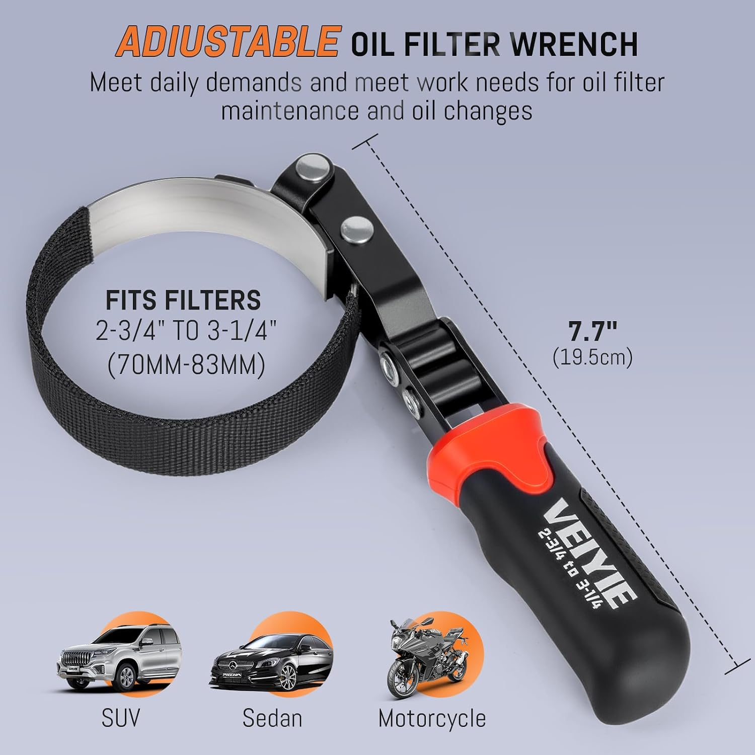 Small Oil Filter Wrench, Oil Filter Removal Tool Fits Filters 2-3/4" to 3-1/4", with Nylon Anti-Slip Strap & 180° Swivel Head, Steel Band Filter Wrench for Compact Car Motorcycle Oil Change