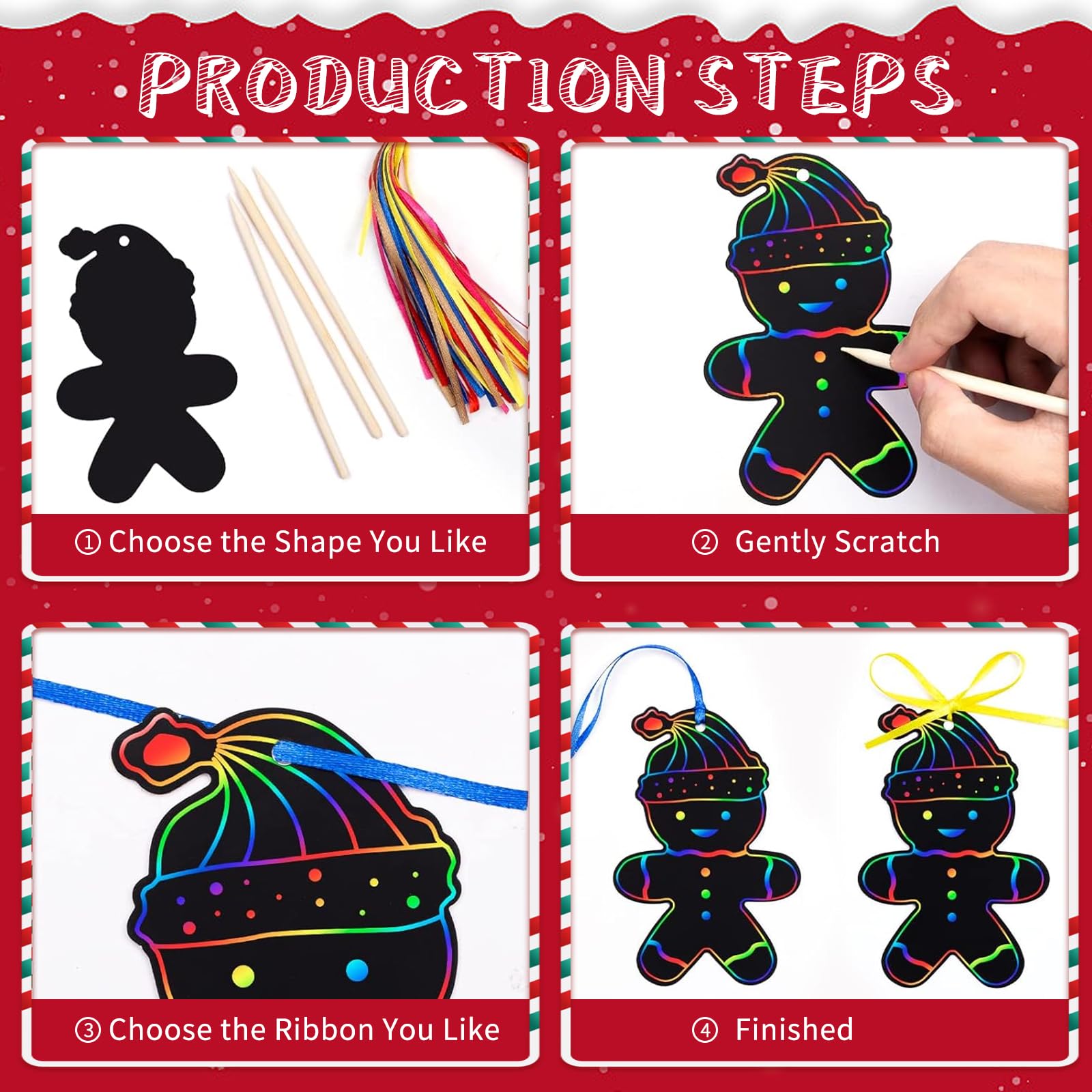 Décoration Sapin à Gratter Kit 48 Cartes à Gratter De Noël Pour Enfants - Avec Bâtons Bambou & Rubans - 12 Motifs Festifs - Décoration Sapin DIY