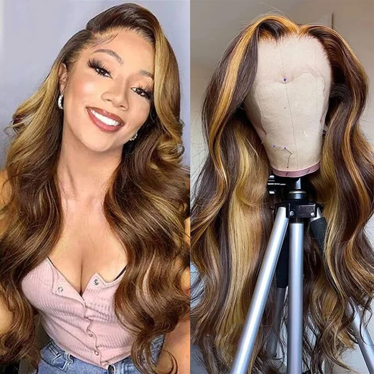 CITY GIRL Highlight P4/27 Body Wave HD Transparent Lace Front Wigs Human Hair 13x4 Ombre Body Wave Lace Frontal Wig 180% Density Honey Blonde Pre Plucked with Baby Hair 20 inch