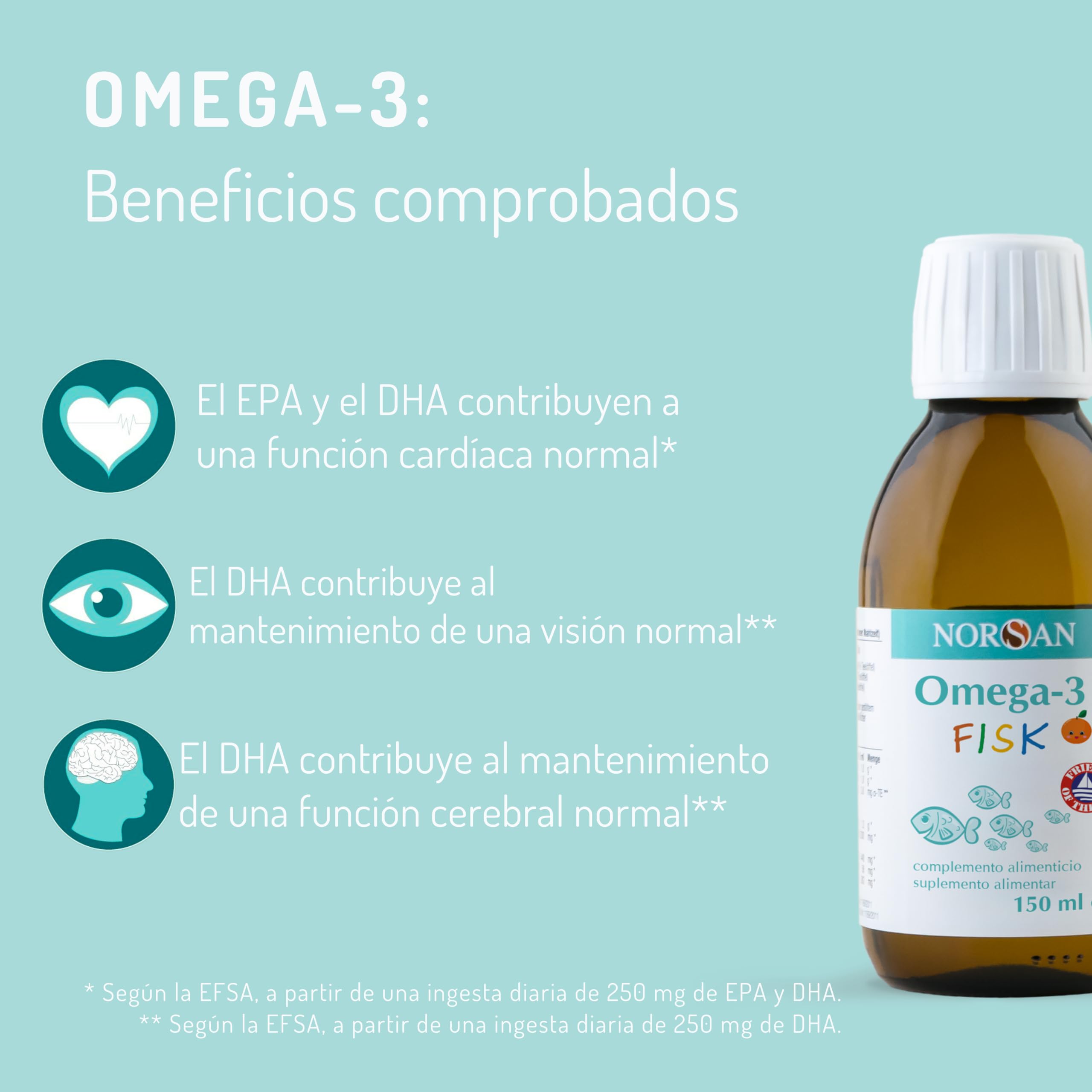 NORSAN OMEGA 3 FISK hautement dosé 150 ml/oméga-3 pour enfant 1.120mg par dose journalière/omega 3 enfant avec EPA & DHA/dose journalière 1 cuillère à café huile de poisson