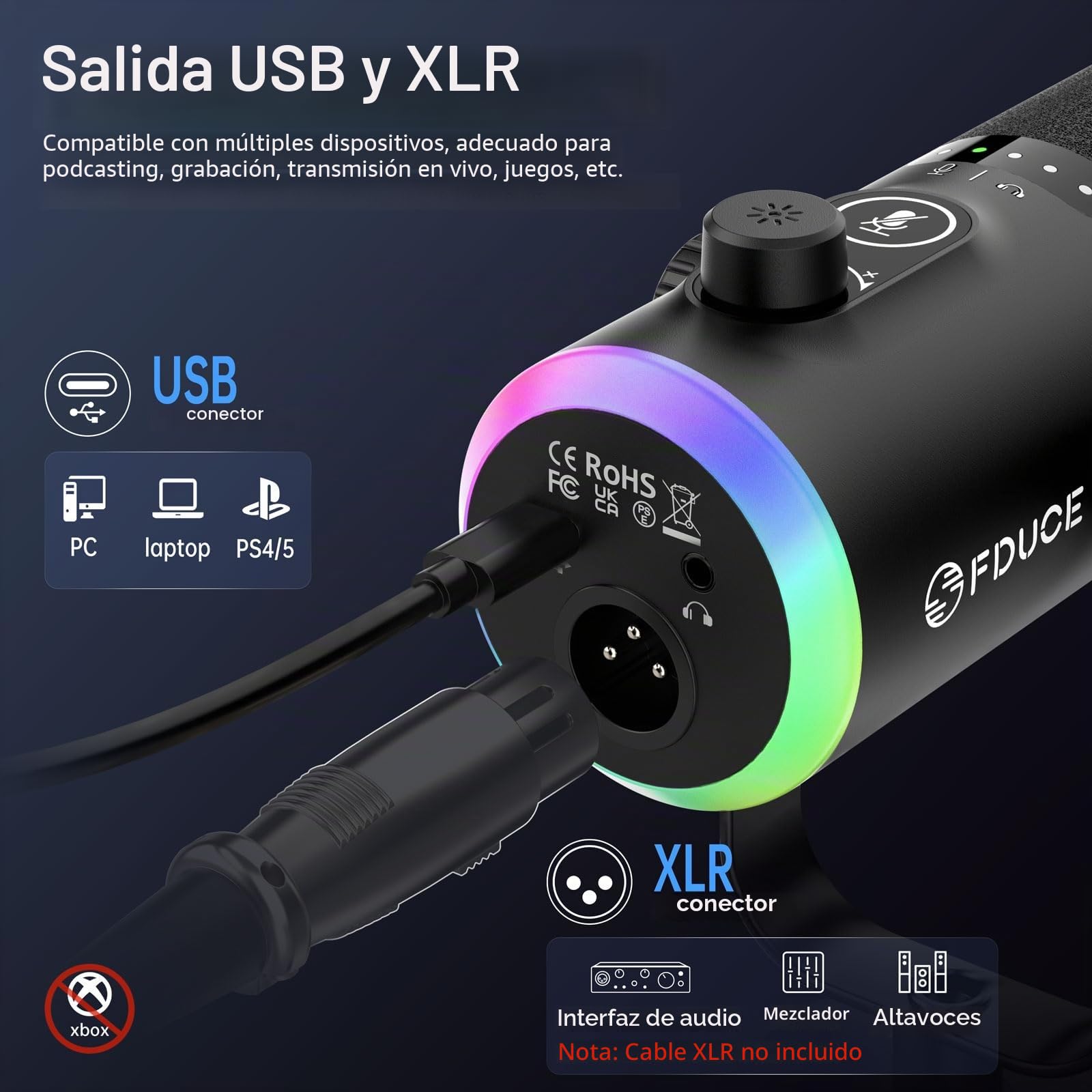 FDUCE - Kit de micrófono de juego USB/XLR, micrófono dinámico para PC para podcasting y transmisión, kit de micrófono RGB para computadora con soporte de brazo extensible, botón de silencio y conector