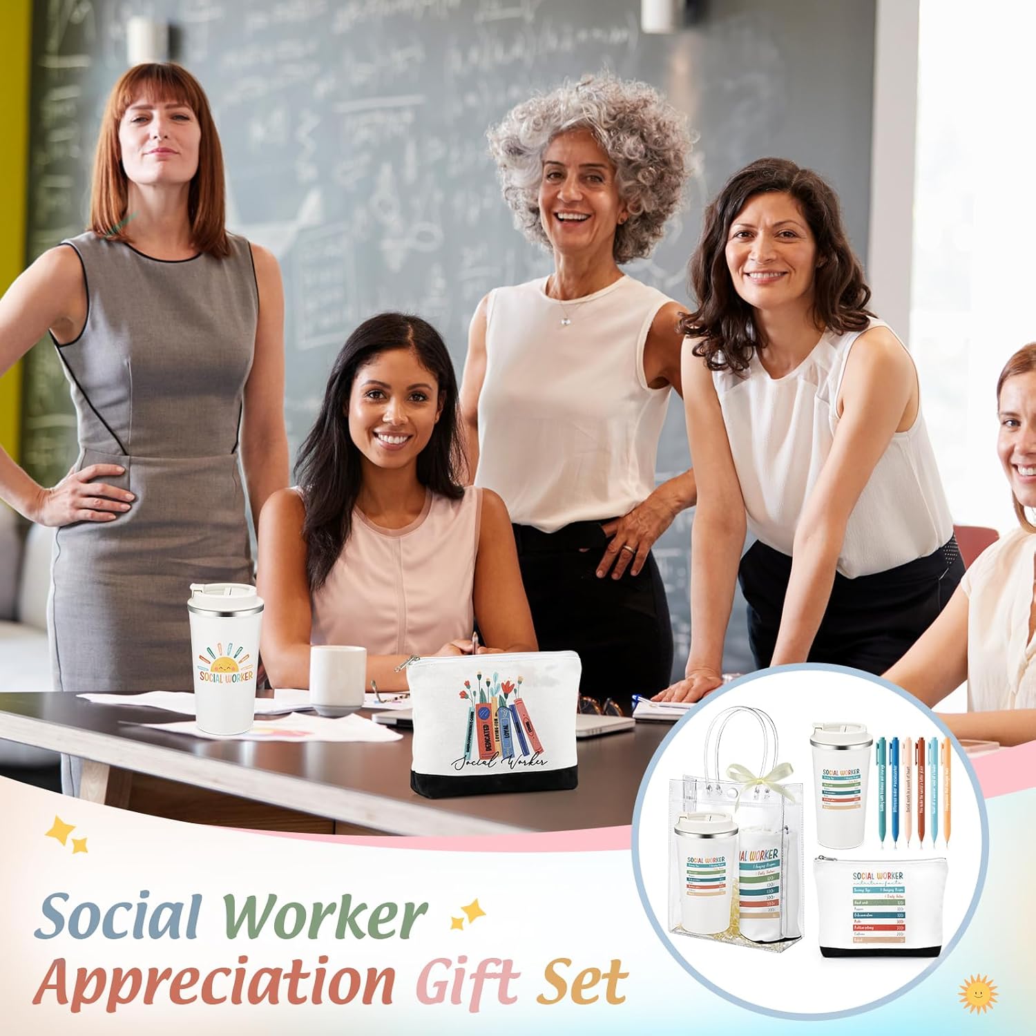 24 Pcs/ 6 Sets Social Worker Graduation Gifts Insulated Coffee Mugs with Lids 17oz Makeup Bags PVC Tote with Pens for Social Work Appreciation Gifts