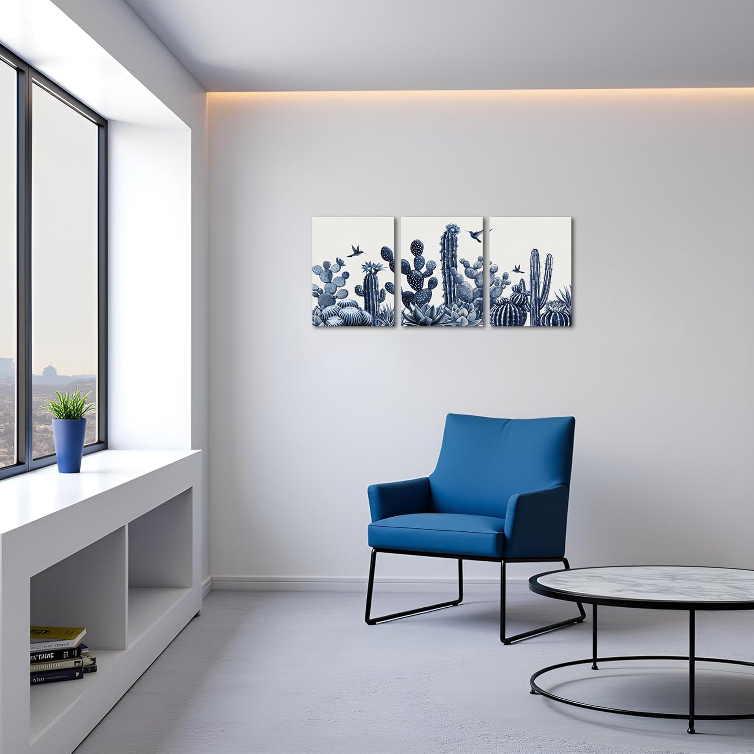 LevvArts Cactus Wall Art Canvas Botanical Painting Hummingbird Print Modern Navy Blue Bathroom Decor Each Panel 12"x16" (Blue)