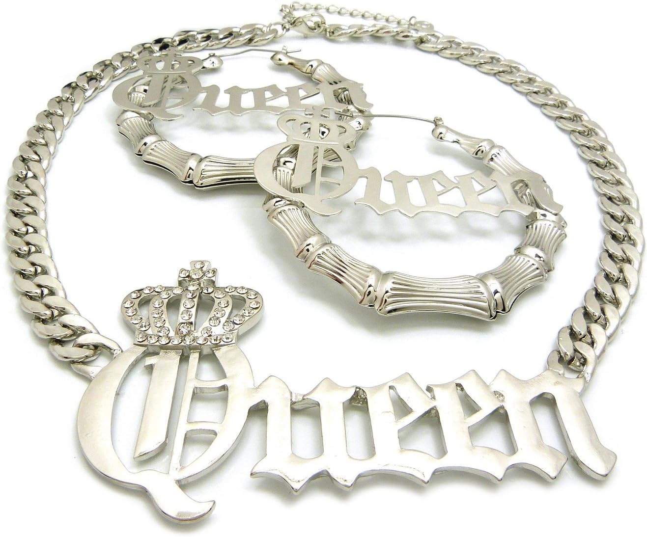 NYFASHION101 Stone Stud Crowned Queen Pendant Chain Necklace with Bamboo Hoop Pincatch Earrings Jewelry Set