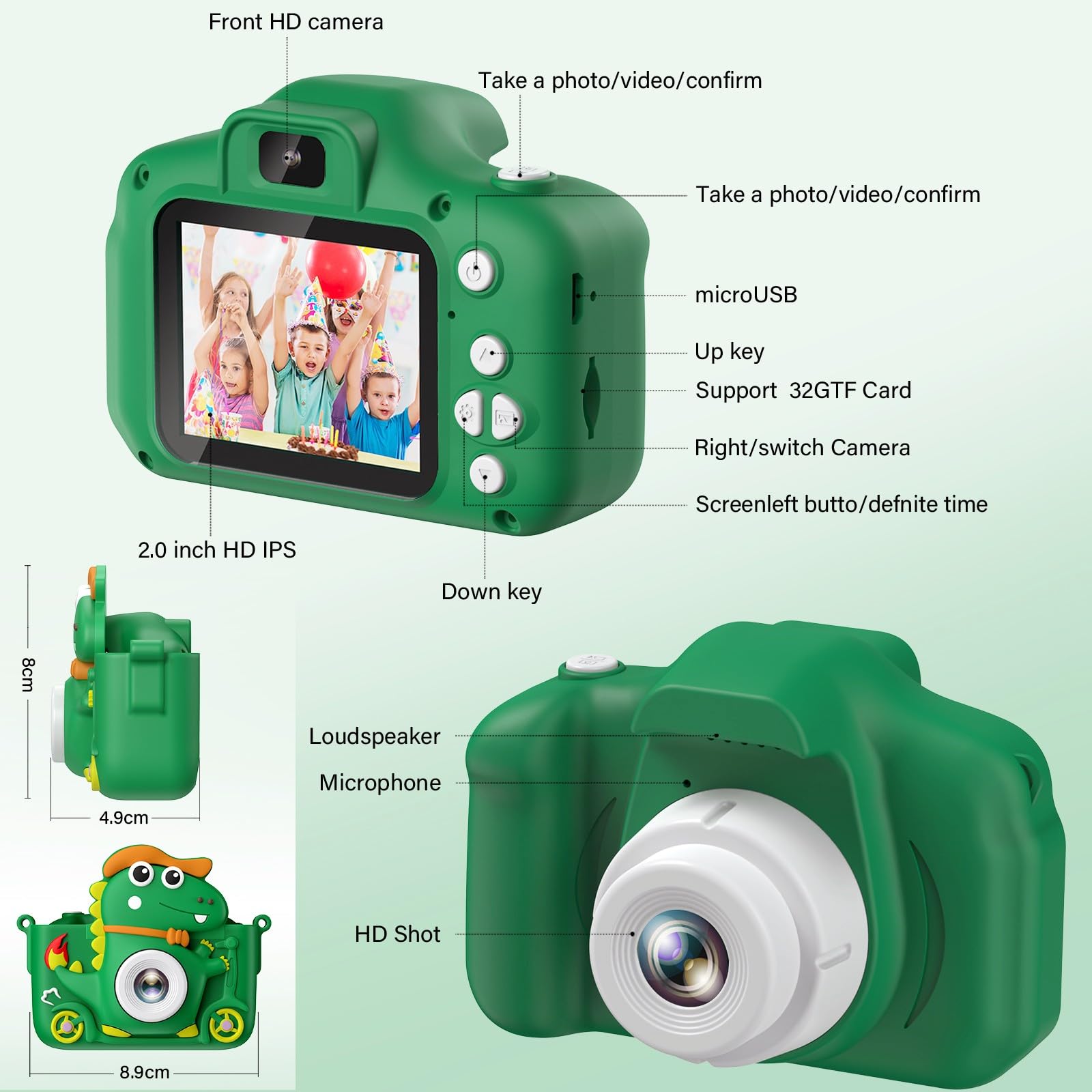 Macchina Fotografica Bambini Dinosauro, 2" 1080P Fotocamera Bambini, HD Selfie Fotocamera Per Bambini 32G, Regalo per bambino e bambina 3 4 5 6 7 8 9 10 11 12 Anni, Regali Giocattolo (Verde)