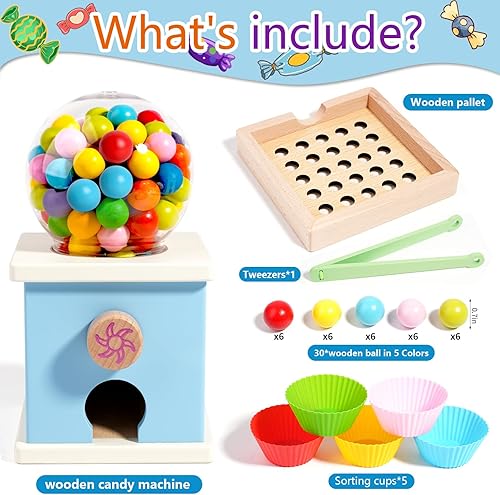 Miniatura 2 de Máquina de chicles de madera de 9.6 pulgadas, juguetes Montessori para niños de 3, 4 y 5 años, juguete de actividades de aprendizaje preescolar para