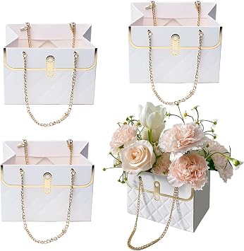 4 Pcs Flower Paper Gift Box, Waterproof Bouquet Storage Bucket Florist Handbag with Metal Chain Flower Boxes for Arrangements for Wedding Mothers Day Birthday Bridal Shower Gift Wrap Craft White