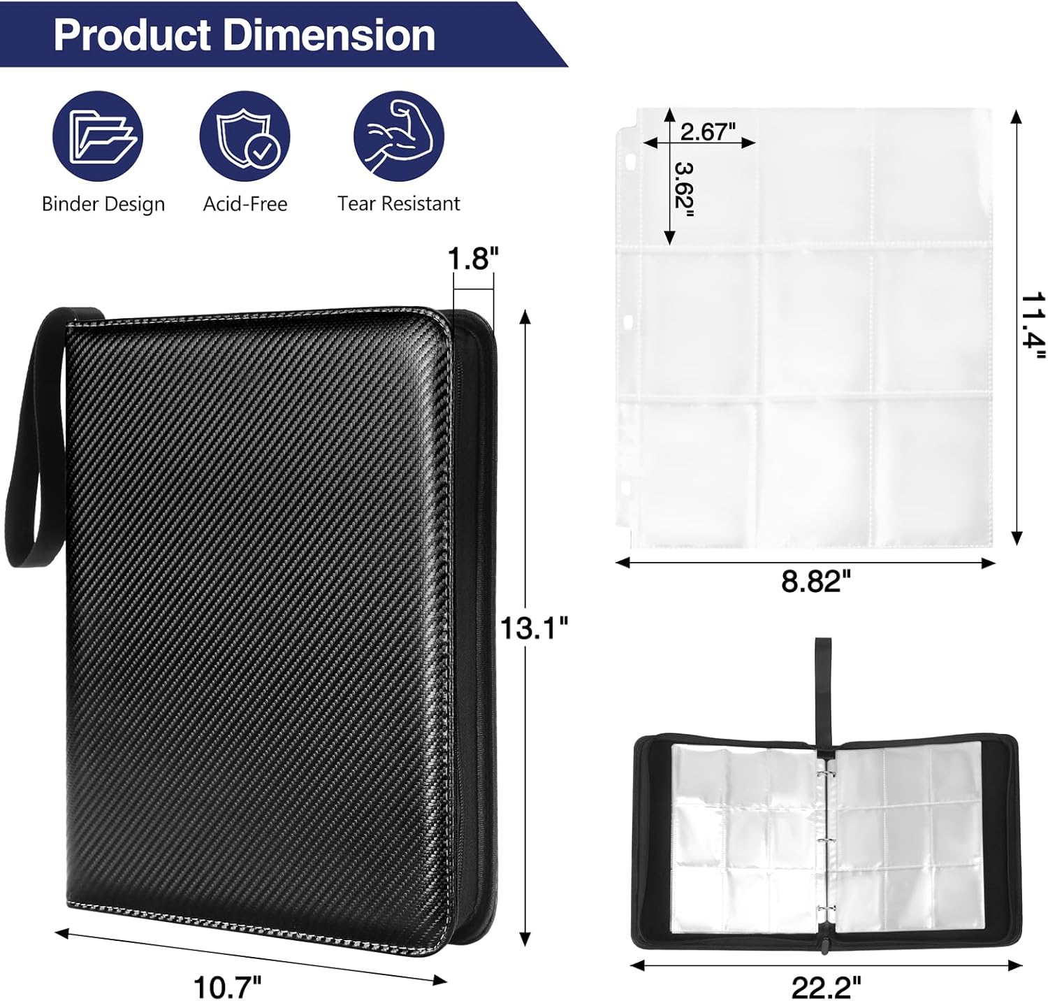 MAXECHO 9 Pocket Trading Card Binder, 1008 Pockets in 56 Removable Double-Sided Sleeves, PU Zip Card Collection Storage Organizer Album for Baseball, MTG, TCG, Sports. Black