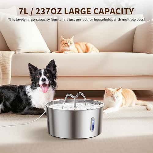 Miniatura 5 de Fuente de agua para gatos de acero inoxidable de 7 L1.85 galones237 onzas, fuente automática para mascotas, dispensador de agua grande para perros