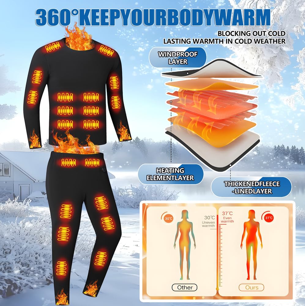 Beheizbare Unisex-Thermounterwäsche,Elektrische Heizung thermal unterwäsche,Oberteil mit 26 Zonen, Hose mit 16 Zonen, USB- und DC-Anschluss, 3 Temperaturstufen, geeignet für Camping und Wandern