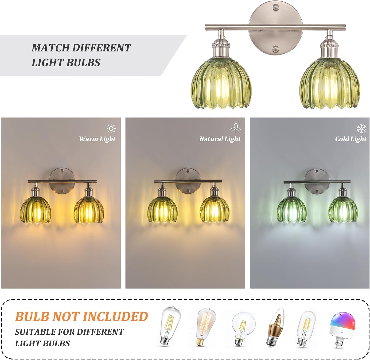 Bathroom Light Fixtures, 2-Light Vanity wall Light Over Mirror with Green Tulip Glass Shade for Bedroom Living Room (Bulb Not Included), Satin Nickel