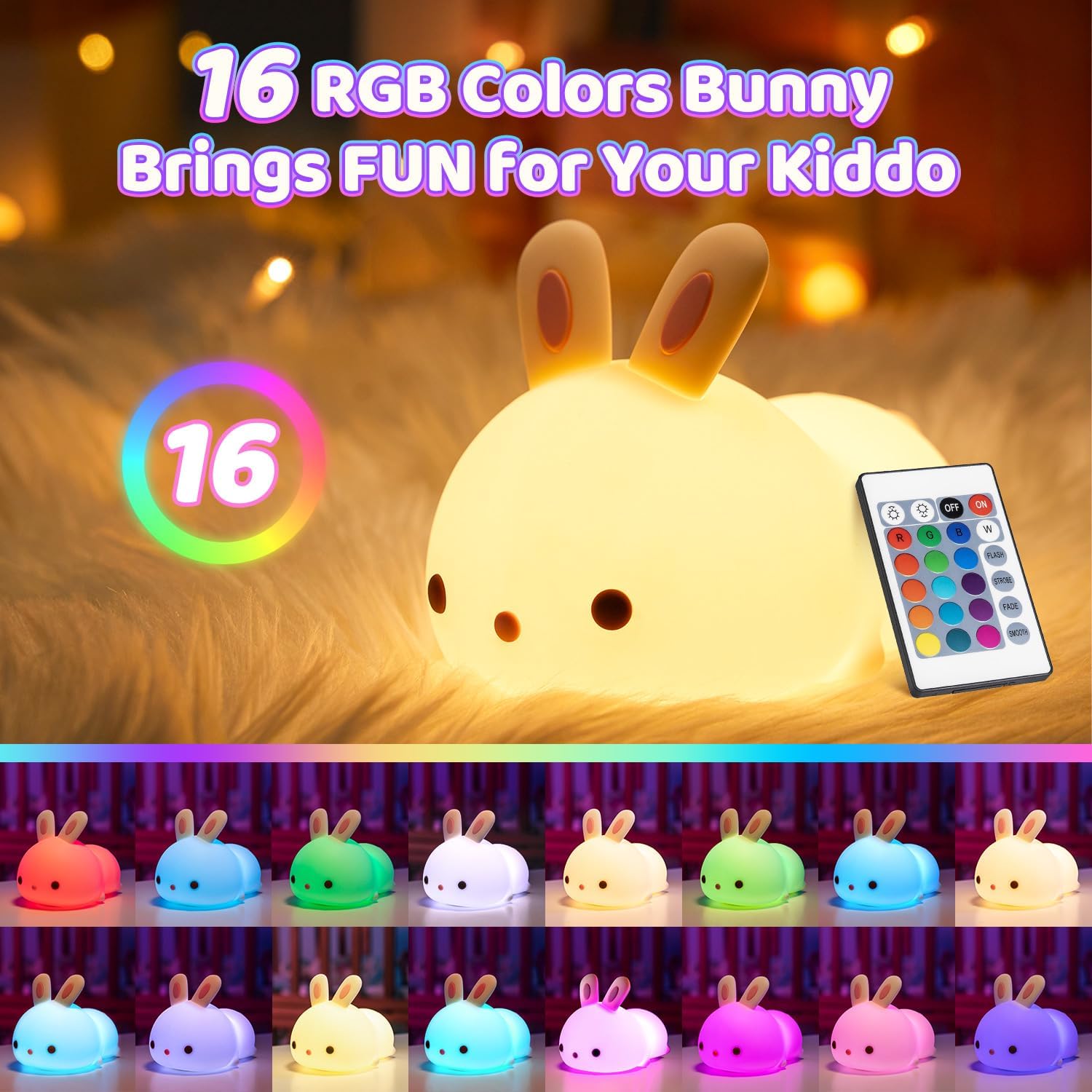 One Fire Easter Bunny Gifts for Kids Night Light with Remote, 16 Colors+5 Brightness Cute Lamp,Easter Bunny Decor/Stuff/Toys for Baby Toddler Soft Silicone Night Light, 1200mAh Portable Bunnies Lamps