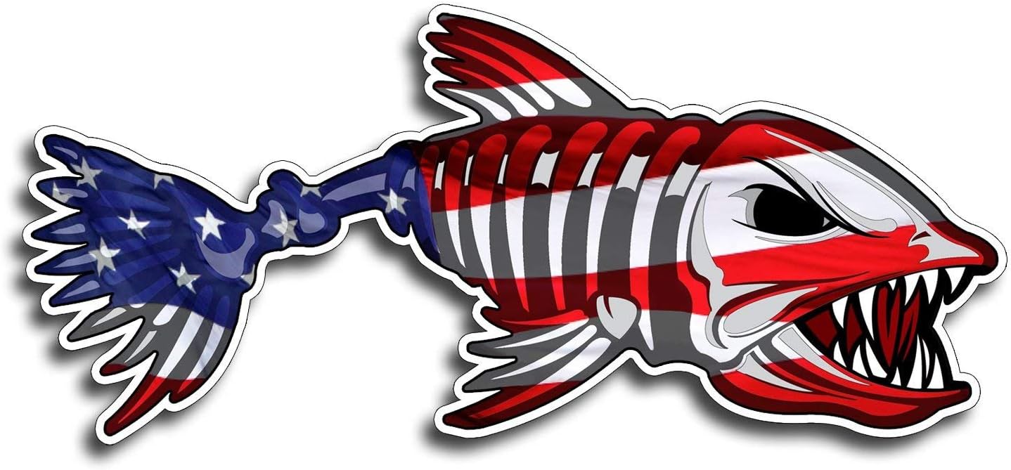 2 Pieces (2 Right) USA Bone Fish Sticker - Patriotic American Flag Fishing Decal Vinyl Die Cut