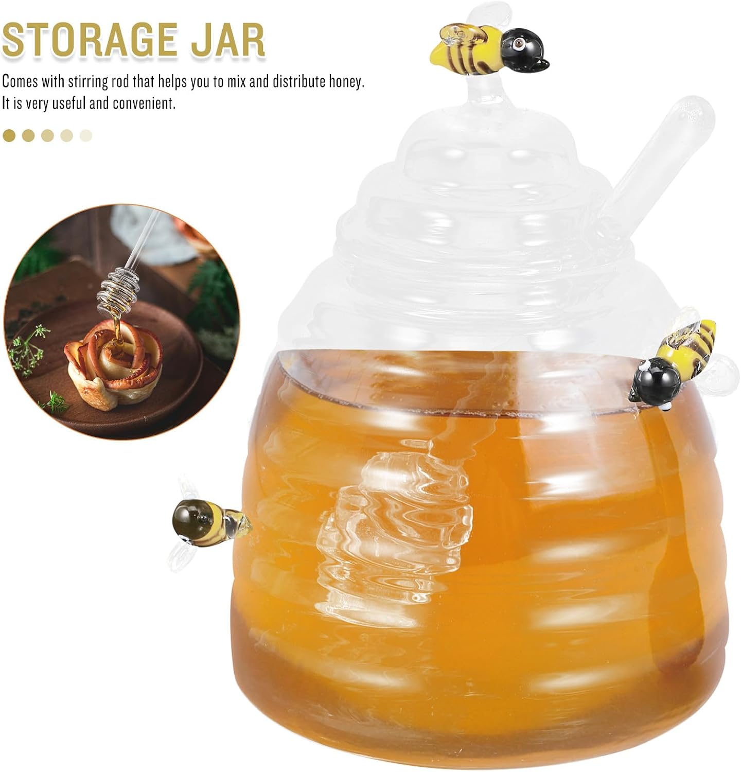 VICASKY Glass Honey Jar with Honey Dipper Stick with Insect Motif 1pcs Set for Dining and Serving
