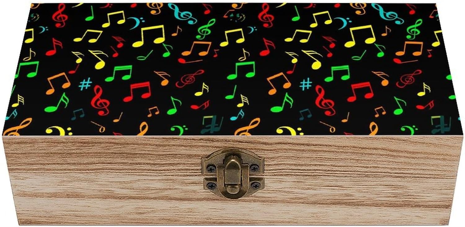 Wooden Storage Organizer Box with Lid, Decorative Memory Case for Keepsakes Jewelry Colorful Music Note Black, Wedding Anniversary Container