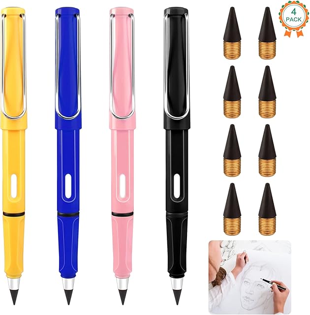4 PCS Everlasting Pencil Inkless Pencils With 8 PCS Replaceable Graphite Nib Unlimited Writing Pencil Environmental Woodless Pen Portable Reusable Erasable Pencils For Students Writing Drawing