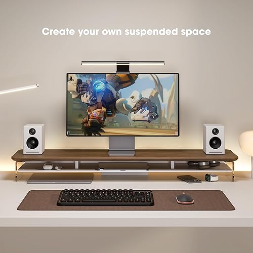 Miniatura 7 de Fenge Soporte de acrílico para monitor, soporte de monitor doble de 42.5 pulgadas con almacenamiento de metal, elevador de computadora acrílico de 2