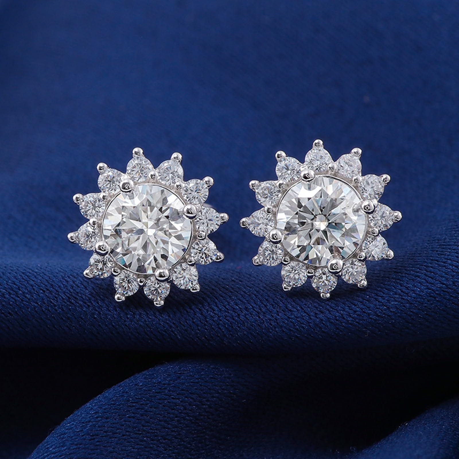 Pendientes Mujer Girasol con Moissanita de 0.5ct y Circonita, Oro Blanco 9K/14K/18K/Plata de Ley 925, Joyería Pendientes de Botón con Piedra